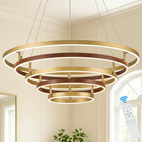 5 Ring LED Chandelier Modern Chandeliers Red Walnut Wood Gold Dimmable 31''