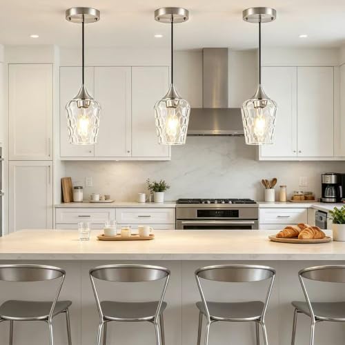 3 Pack Brushed Nickel Pendant Lights Kitchen Island Hammered Glass Shade