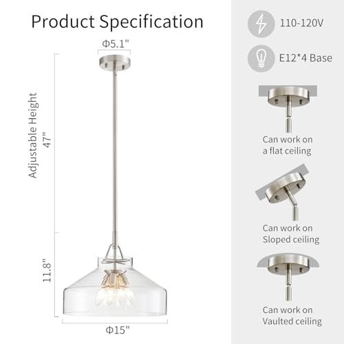 Chandelier Rustic Farmhouse Industrial Round Ceiling Pendant LED Light Fixture with Clear Glass Shades for Dining Room Kitchen Island Foyer Entryway