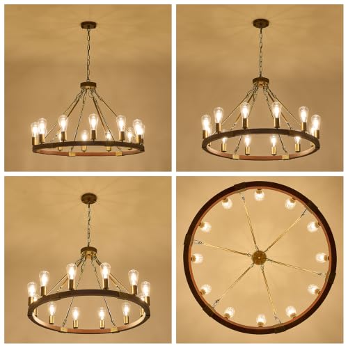 Farmhouse Wagon Wheel Chandelier 31" Rustic Gold Chandelier for Dining Room