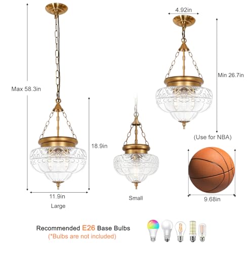 3 Light Brushed Antique Brass Pendant Light Fixtures with 12In Unique Thickened Glass