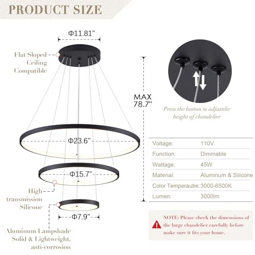 Modern LED Chandeliers 3 Rings Black Chandelier Dimmable LED Pendant Light Fixture Remote Control Contemporary Flush Mount Chandelier for Dining Room Bedroom Foyer