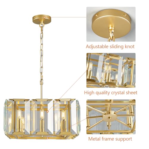 Gold Modern Crystal Chandeliers Rectangle Farmhouse Pendant Light Semi Flush Mount Ceiling Light Fixture for Bedroom Dining Room Kitchen Island Living Room Foyer Hallway