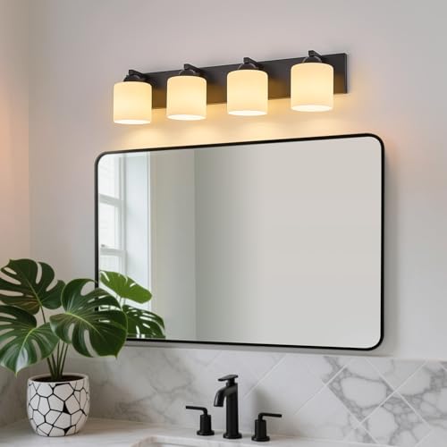 4 Light Black Bathroom Vanity Light with White Glass Shades