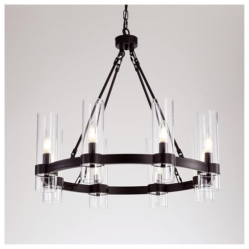 26 Inch Black Wagon Wheel Chandelier with Glass Shade