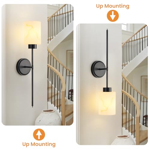 Black Wall Sconces Set of 2 with Marble Glass Shade