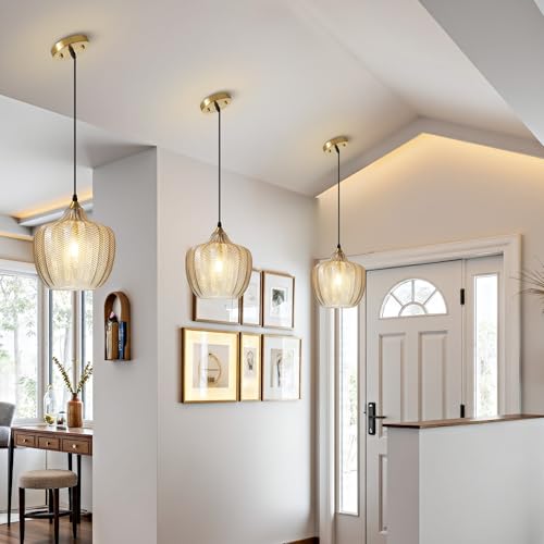 Amber Glass Pendant Lights Kitchen Island Gold Hanging Ceiling Light 9.45"