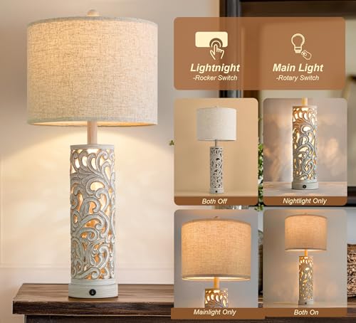 2-in-1 Light Table Lamp Set of 2 for Living Room, 28.5" Farmhouse Bedside Lamps with USB Charging Port, Main&Night Light & Dual Switches, Nightstand Lamp for Bedroom Home Office(Bulb Included) (2 Count)