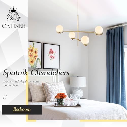 Modern 31" 4 Light Gold Sputnik Chandelier with Milk Glass Globe (4 Count)