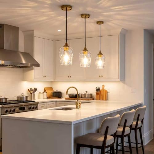 Hammered Glass Pendant Lights Brushed Gold Kitchen Lighting Over Island (3 Count)
