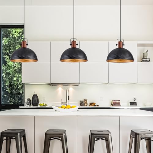 12 Inch Black Pendant Lights Hammered Matte Pendant Lights for Kitchen Island Industrial Farmhouse Adjustable Height Dome Hanging Light Fixtures for Barn (3 Count)