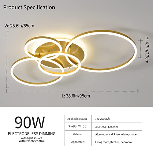 Modern LED Ceiling Light 90W Dimmable Ceiling Light Fixture with Remote Control 5 Rings Flush Mount Ceiling Light Gold Acrylic Chandelier LED for Living Room Bedroom Kitchen Light fixtures