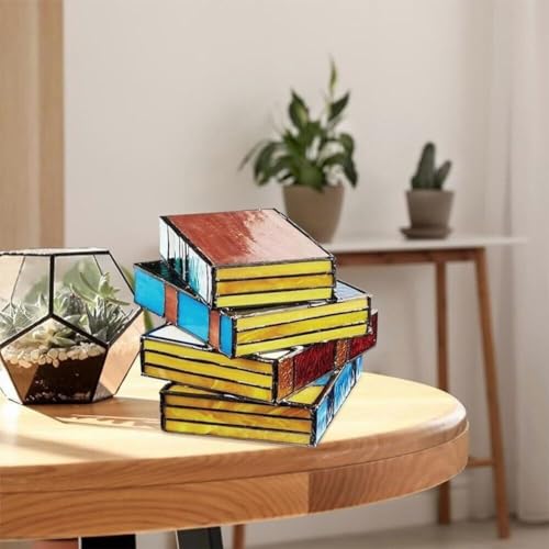 RERUICO Stained Glass Stacked Books Lamp Vintage Desk Lamp Small Reading Book Lamp Decor Stained Glass Nightlight