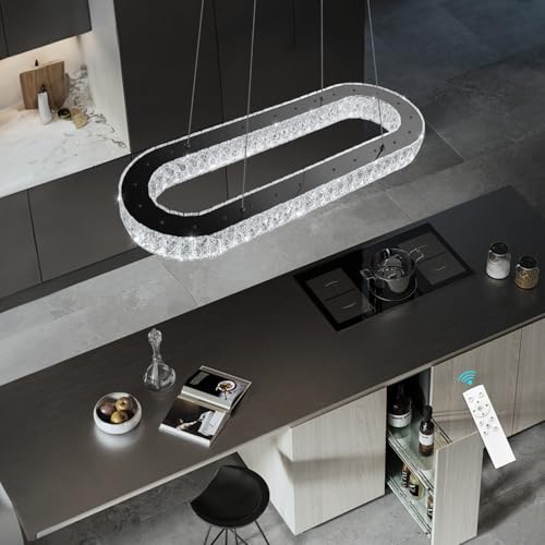 Modern Crystal LED Chandelier Dimmable Oval Chandeliers Rectangular Dining Room Light Fixture with Remote for Living Room Kitchen Island Silver