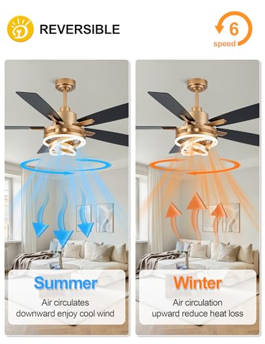 52" Black and Gold Ceiling Fans with Lights Modern Chandelier Fan