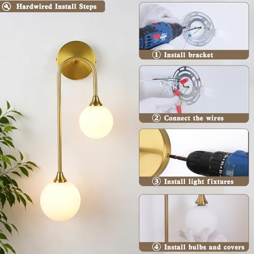 Mid Century Modern Wall Sconce Brushed Gold Milk Glass Sconces with Double Ball Hardwired Wall Light for Bedside Bedroom Bathroom Living Room Corridor G9 Base