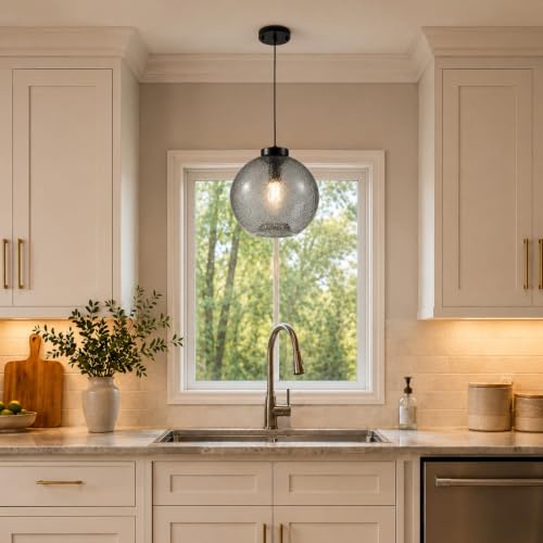 11.8" Black Grey Globe Seeded Glass Kitchen Island Pendant Light