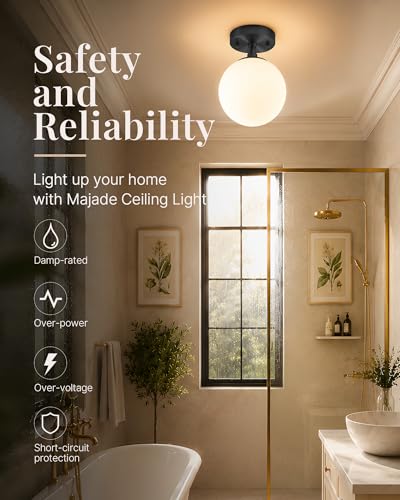 Semi Flush Mount Ceiling Light 6" Globe Mid Century Modern Light Fixture Milk Glass with Matte Black Finish Light Fixtures for Hallway Entryway Kitchen Island Closet Laundry Bathroom