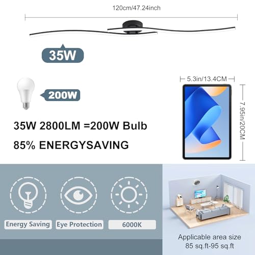 47.24Inch Linear Ceiling Light 6000K Black Modern Ceiling Light Fixture 35W Long Flush Mount Ceiling Lamp for Hallway