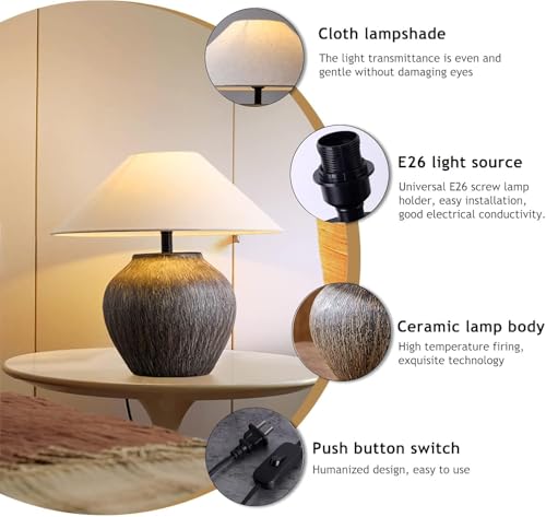Rustic Farmhouse Table Lamp 20.8" Neutral Ceramic Table Lamp Brown White Checkered Ceramic with Linen Drum Shade Decor Bedside Nightstand for Living Room Bedroom