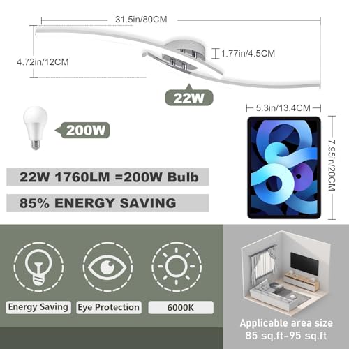 31.4Inch Modern LED Ceiling Light 22W Chrome Linear Ceiling Light Fixture 6000K Aluminum Long Flush Mount Ceiling Lights Fixture Lamp for Bedroom Hallway Kitchen Bathroom
