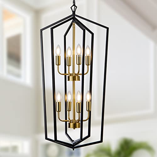 8 Light Lantern Tired Farmhouse Ceiling Hanging Light Black Chandelier Metal Modern Pendant Light Fixtures for Kitchen Island Dining Room Living Room Foyer Entryway