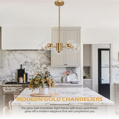 5 Light Globe Sputnik Chandelier Gold Mid Century Sputnik Chandeliers Dimmable Globe Pendant Light Brushed Brass Finished with Clear Glass Lampshade Chandeliers for Dining Room Bedroom