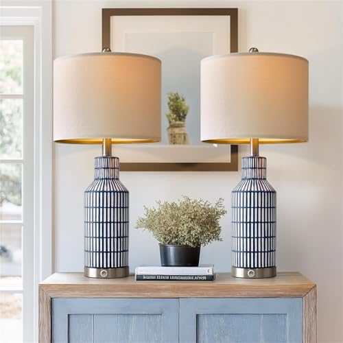 25" Modern 3 Way Dimmable Touch Control with USB A+C Ceramic Lamps Set of 2 Table Lamp for Living Room Bedroom Farmhouse Nightstand Bedside Blue (2 Count)