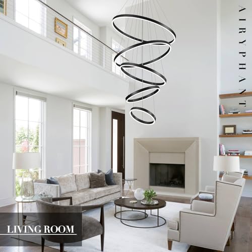 5 Ring Chandelier Black Modern LED Chandeliers High Ceiling 31" Large Foyer Chandelier Entryway Dimmable Pendant Light Fixture for Living Room Staircase