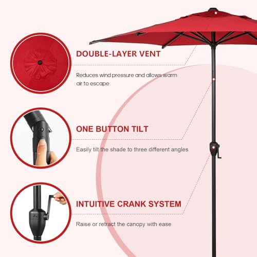 7.5FT Lyon Outdoor Patio Umbrella Outdoor Table Umbrella with Push Button Tilt and Crank Market Umbrella 6 Sturdy Ribs UV Protection Waterproof for Garden Deck Backyard Pool Dark Red