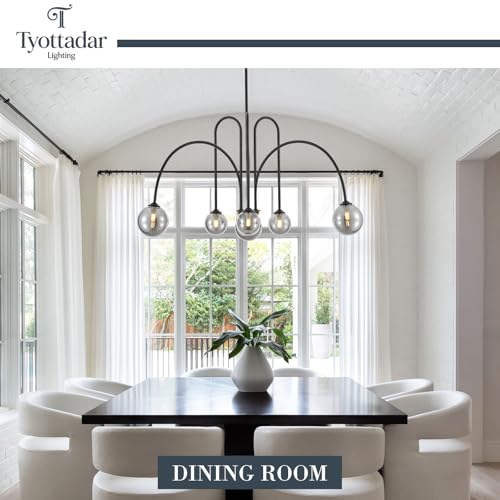 6 Light Modern Sputnik Chandelier L41’’ Black Mid Century Pendant Chandelier with Smoked Glass Shades Contemporary Large Pendant Light Fixture for Foyer Bedroom Staircase Living Room Kitchen