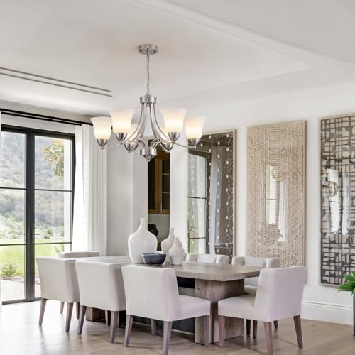 6 Lights Brushed Nickel Dining Room Light Fixture Farmhouse Modern Chandelier Pendant Light Silver Adjustable Ceiling Hanging Lighting with Frosted Glass for Kitchen Island Living Room Foyer (6 Count)