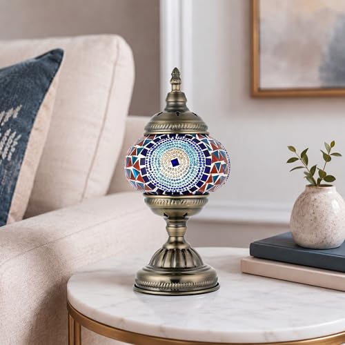 Turkish Moroccan Table Lamp Lantern with Handmade Mosaic Glass Lampshade Tiffany Style Bohemian Stained Glass Decorative Desk Lamps Bedside Night Lights for Bedroom