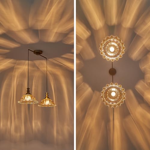 Vintage 2 Light Pendant Light Fixtures Modern Brown Glass Hanging Lighting with Adjustable Cord for Kitchen Island Dining Room Living Room Hallway (2 Count)