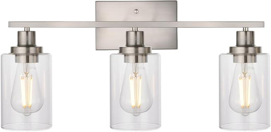 MELUCEE 3 Lights Wall Sconce Brushed Nickel Finished Modern Bathroom Vanity Light Fixtures with Clear Glass Shade Suit for Porch Bedroom Foyer Kitchen (Patent No.: US D963914 S) - Aura Lighting