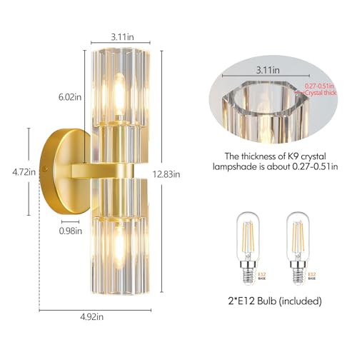 Modern Gold Wall Sconces Set of Two Bedroom Crystal Wall Sconces Indoor Sconces Wall Lighting Living Room Sconces with K9 Crystal Lampshade for Bathroom Hallway Entryway Stairway (2 Count)