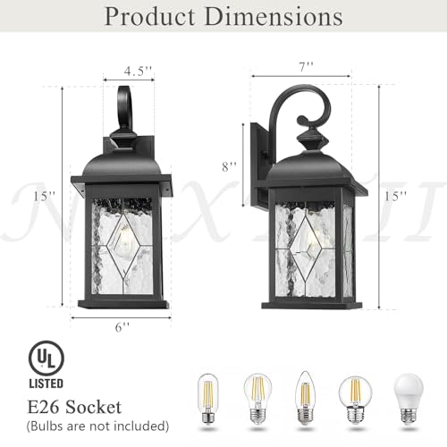 Outdoor Wall Lights Black Exterior Lighting Fixtures with Clear Water Ripper Glass 15 Inch Height Exterior Wall Sconce Light fixtures for House Porch and Garage E26 Socket