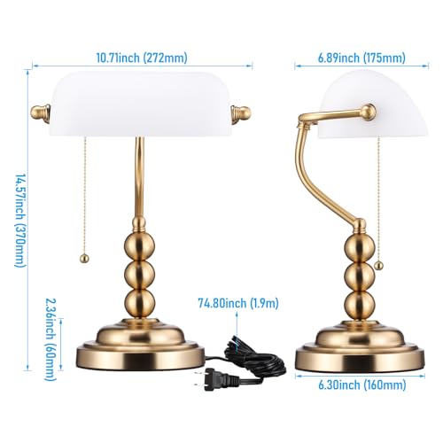 Ivory White Glass Bankers Desk Lamp with Pull Chain