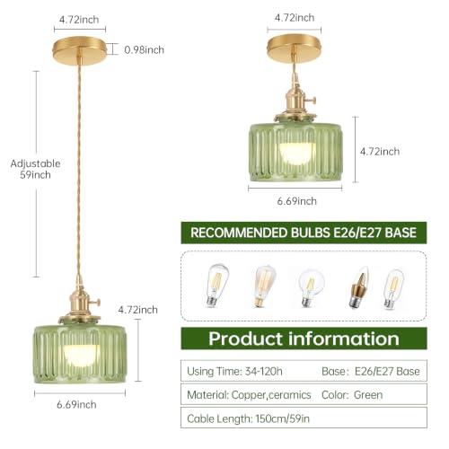 Battery Operated Pendant Light 5000mAh Rechargeable Chandelier with Remote Control Wireless Adjustable Hanging Green Striped Light for Kitchen Island Dining Room Hallway (2 Count)