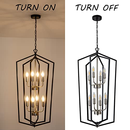 8 Light Lantern Tired Farmhouse Ceiling Hanging Light Black Chandelier Metal Modern Pendant Light Fixtures for Kitchen Island Dining Room Living Room Foyer Entryway