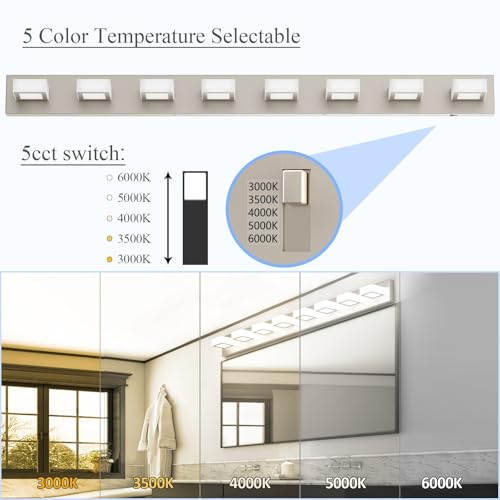 52inch Brushed Nickel Vanity Lights 8 Lights Dimmable 5 Color Temperature Acrylic Modern LED Bathroom Vanity Lighting Fixtures Brushed Nickel