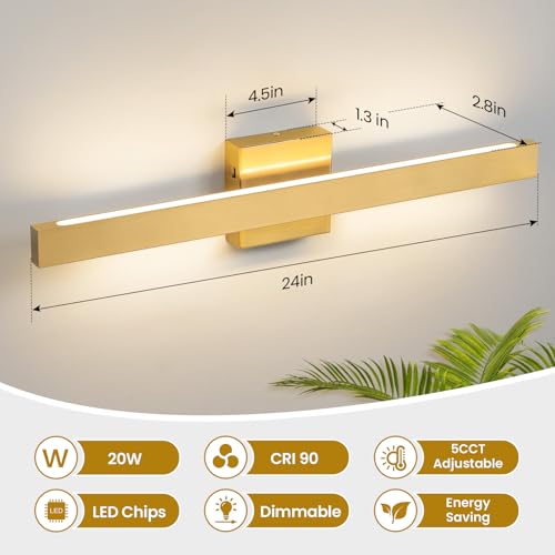 24 Inch Modern Vanity Light Gold Bathroom Light Fixture Over Mirror with Up & Down Lighting 20W Vanity Lighting Fixture Dimmable 5CCT LED Bar Vanity Light for Bathroom Restroom