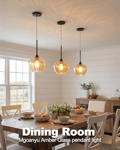 Amber Glass Pendant Lights Kitchen Island with Black Finish