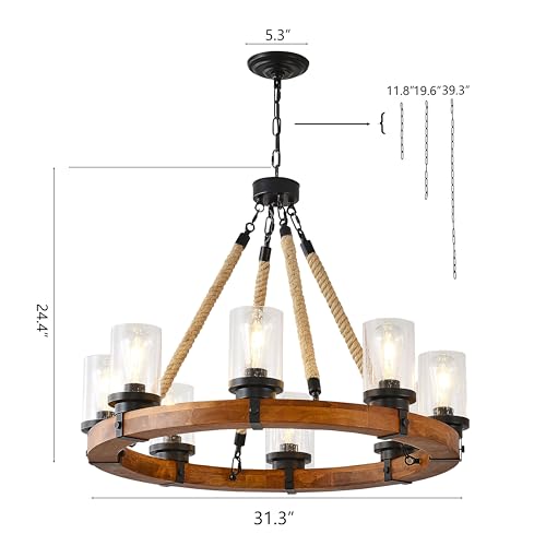 9 Light Round Wagon Wheel Chandelier Farmhouse Rustic Pendant Light Fixture with Seeded Glass Shades