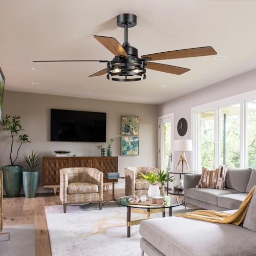 52 Inch Ceiling Fan with Light and Remote Control (Black)