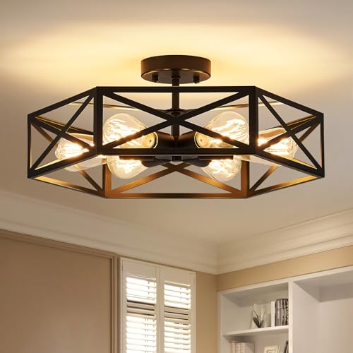 Black Modern Farmhouse Metal Semi Flush Mount Ceiling Light Fixture 19.7 in