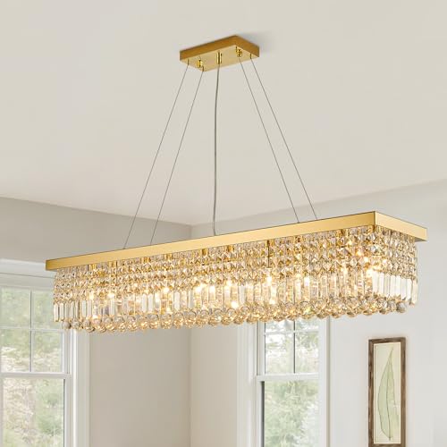 10 Light Rectangular Gold Crystal Chandelier for Dining Room L47''