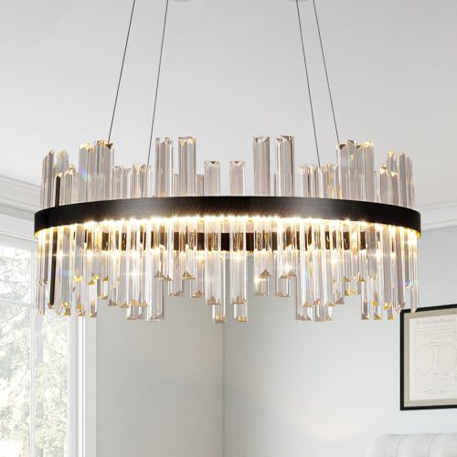 24" Black Round Modern Dimmable LED Crystal Chandelier with Remote
