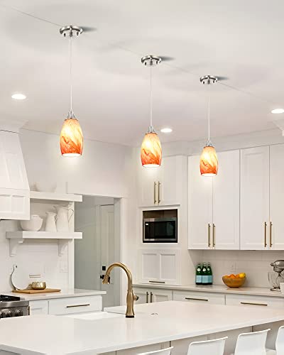 Art Glass Mini Pendant Lights Kitchen Island Marble Glass Pendant Light Shade with Brushed Nickel Finish Ceiling Hanging Lights for Kitchen Over Sink