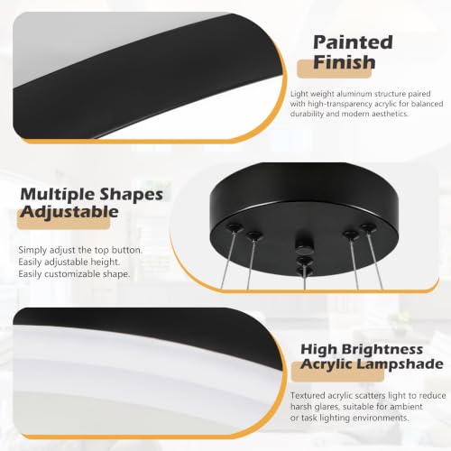 Modern Black Led Chandelier 2 Rings Dimmable LED Chandeliers with Remote Control Light Fixture for Kitchen Island Height Adjustable Chandelier Led Pendant Light for Living Room Dining Room